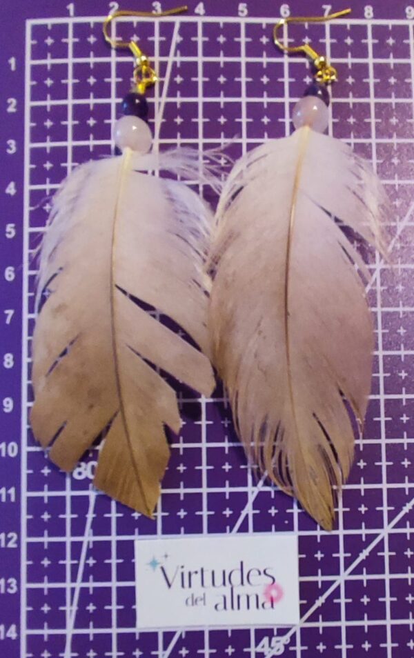Pendientes Plumas Naturales de Buitre Leonado con Cuarzo Rosa y Amatista. 12 cms - Imagen 3