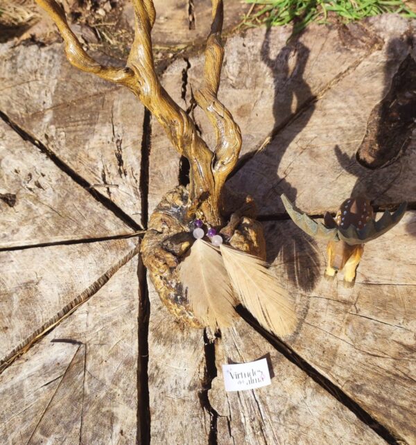 Pendientes Plumas Naturales de Buitre Leonado con Cuarzo Rosa y Amatista.11 cms