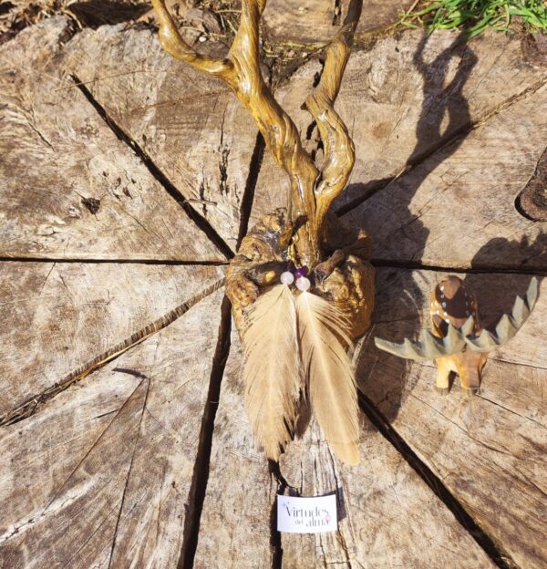 Pendientes Plumas Naturales de Buitre Leonado con Cuarzo Rosa y Amatista