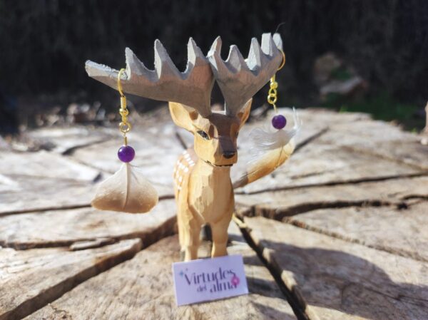Pendientes Plumas naturales de Buitre leonado, con Amatista00001
