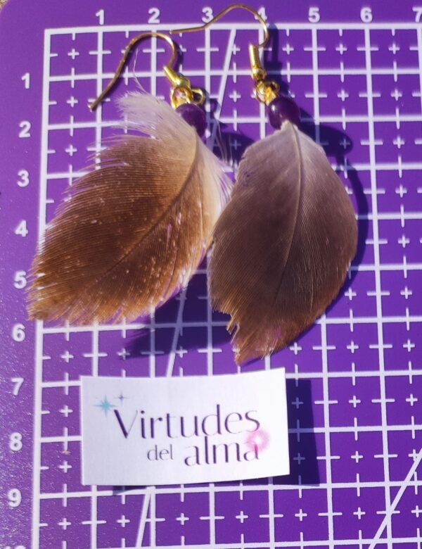 Pendientes Plumas naturales de Buitre leonado con Amatista - Imagen 2